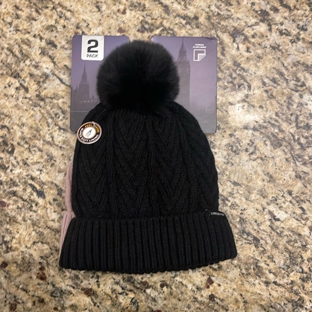 NWT London Fog 2-Piece Beanie set in Black and Light Pink.